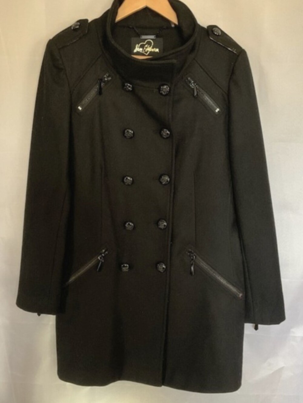 Sam Edelman Wool Blend Military Peacoat Black Leopard Print Lining L